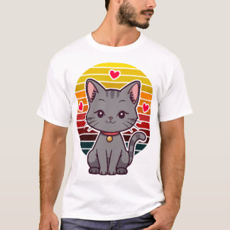 Camiseta Gato Gris Kawaii Arte Retro Anime Atardecer