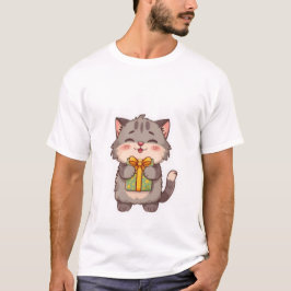 Camiseta Gato gris Kawaii lindo abrazando caja de regalo fl
