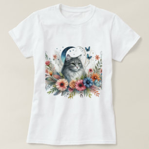 Camiseta Gato Gris Mariposa Azul Floral