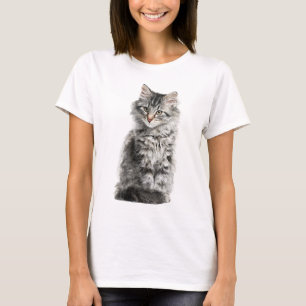 Camiseta Gato Gris Tabby de Pelo Largo Esponjoso Retrato Mu