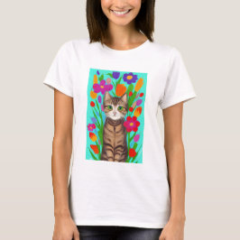 Camiseta Gato grisáceo lindo con flores coloridas