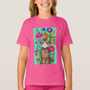 Camiseta Gato grisáceo lindo con flores coloridas