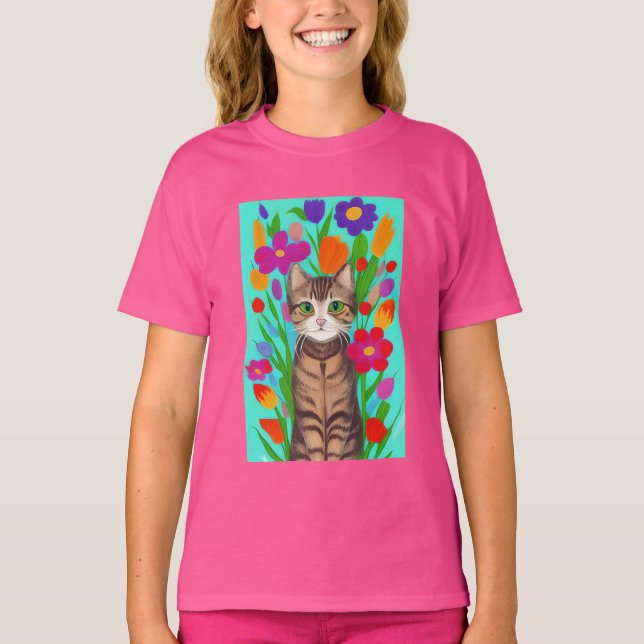 Camiseta Gato grisáceo lindo con flores coloridas (Anverso)