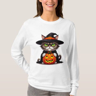 Camiseta Gato Gruñón con Disfraz de Bruja y Calabaza 🎃