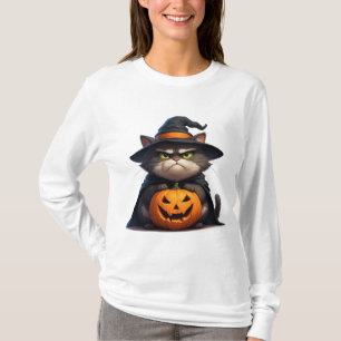 Camiseta Gato gruñón de Halloween sosteniendo linterna de c