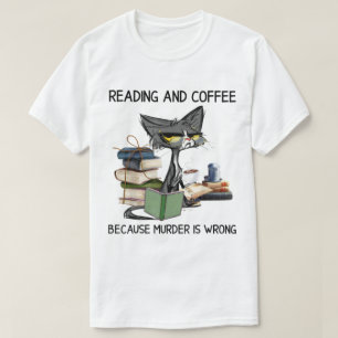 Camiseta Gato Gruñón Leyendo y Café