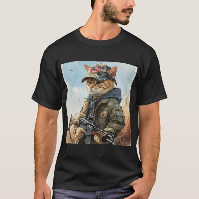 Camiseta Gato Guay MAGA con arma y camuflaje AMERICA (Anverso)