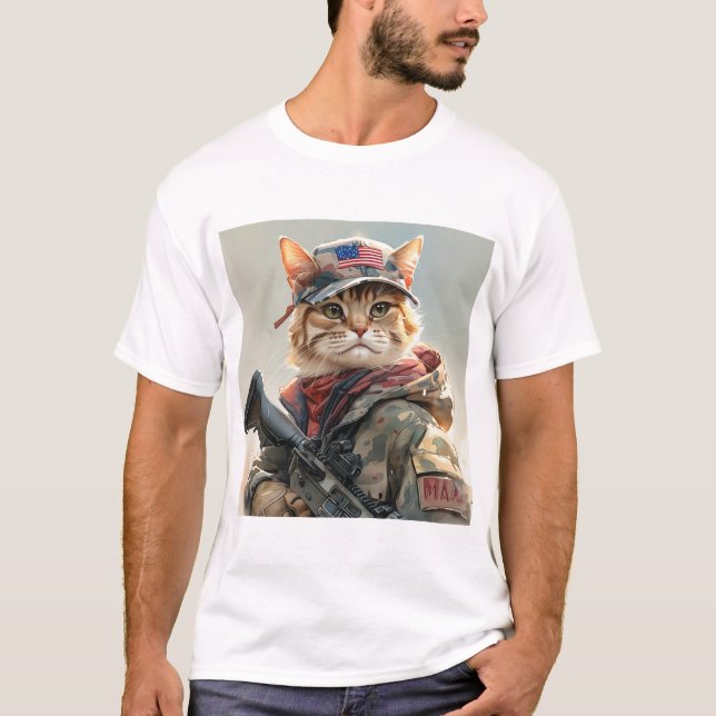 Camiseta Gato Guay MAGA con arma y camuflaje AMERICA (Anverso)