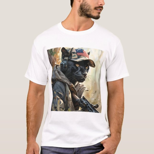 Camiseta Gato Guay MAGA con arma y pancarta NEGRA de camufl (Anverso)
