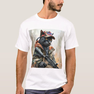 Camiseta Gato Guay MAGA con arma y pancarta NEGRA de camufl