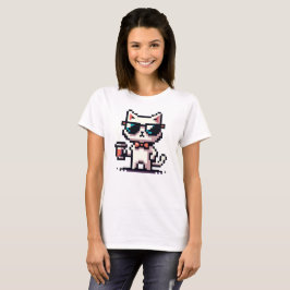 Camiseta Gato Guay Pixel con café - Línea Retro de 8 bits