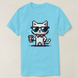 Camiseta Gato Guay Pixel con café - Línea Retro de 8 bits