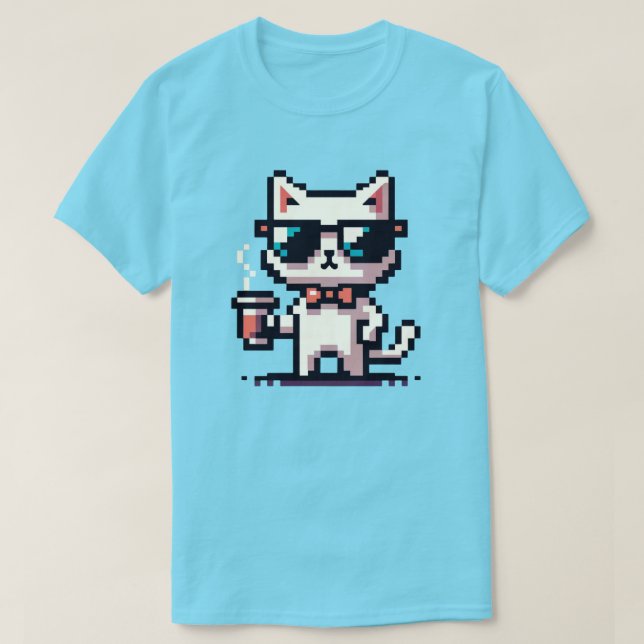 Camiseta Gato Guay Pixel con café - Línea Retro de 8 bits (Diseño del anverso)