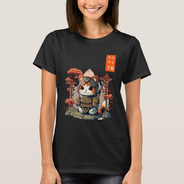 Camiseta Gato guerrero japonés escribiendo arte anime para  (Anverso)