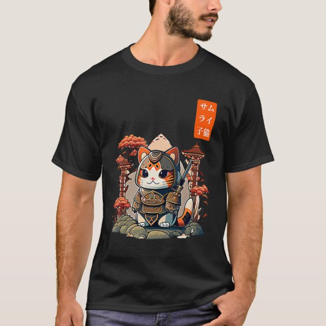 Camiseta Gato guerrero japonés escribiendo arte anime para  (Anverso)