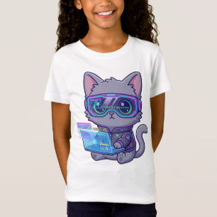 Camiseta Gato hacker ciberpunk kawaii lindo con portátil