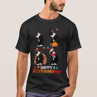 Camiseta Gato Halloween Y Feliz Navidad Feliz Hallothank