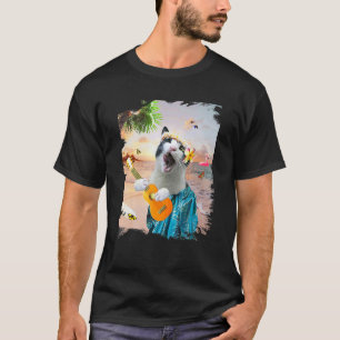Camiseta Gato hawaiano Aloha gatito tocando ukelele playa