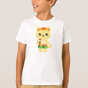 Camiseta Gato hawaiano, gato lindo, gato amarillo, flores, 