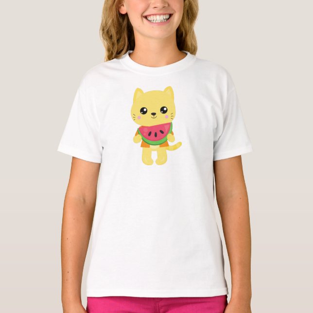 Camiseta Gato hawaiano, gato lindo, gato amarillo, sandía,  (Anverso)