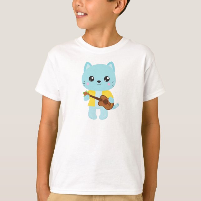 Camiseta Gato hawaiano, gato lindo, gato azul, guitarra, lu (Anverso)