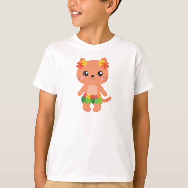 Camiseta Gato hawaiano, gato lindo, gato Naranja, flores, l (Anverso)