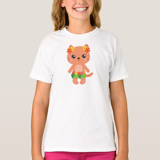 Camiseta Gato hawaiano, gato lindo, gato Naranja, flores, l (Anverso)