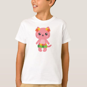 Camiseta Gato hawaiano, gato lindo, gato rosado, flores, lu