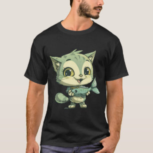 Camiseta gato hermoso sosteniendo pescado
