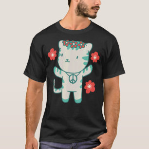 Camiseta Gato hippie con flores y símbolo de la paz