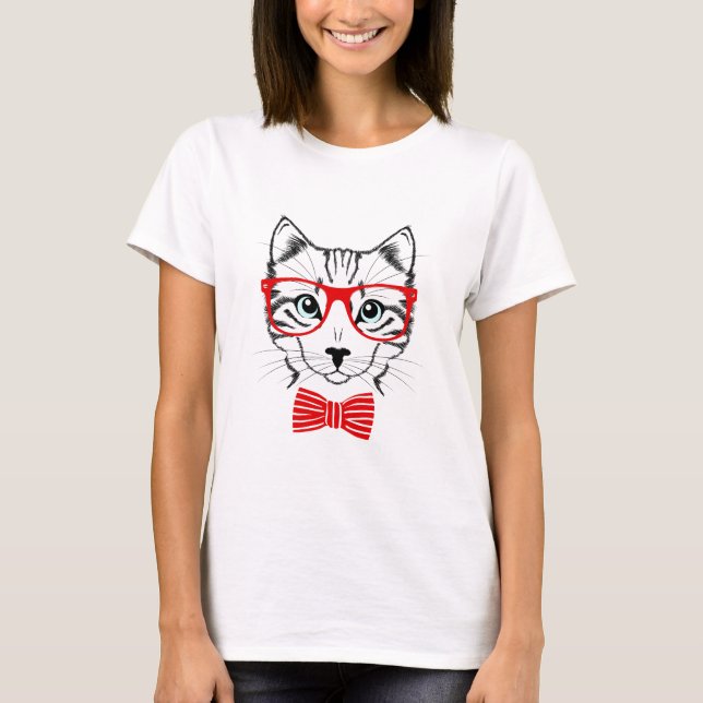 Camiseta Gato Hipster Con Gafas Rojas (Anverso)