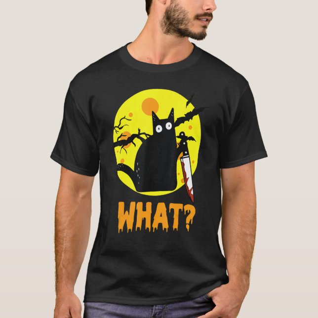 Camiseta Gato humorístico de Halloween ¿qué asesino gato ne (Anverso)