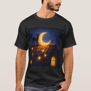 Camiseta Gato iluminado por la luna en tejado estrellado