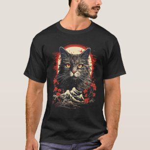 Camiseta Gato japonés con flores de cerezo y Mt Fuji