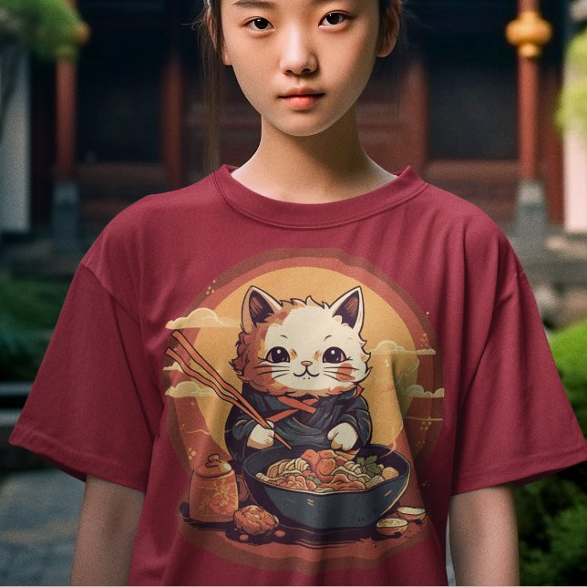 Camiseta Gato japonés de Anime Kitty comiendo Ramen (Subido por el creador)