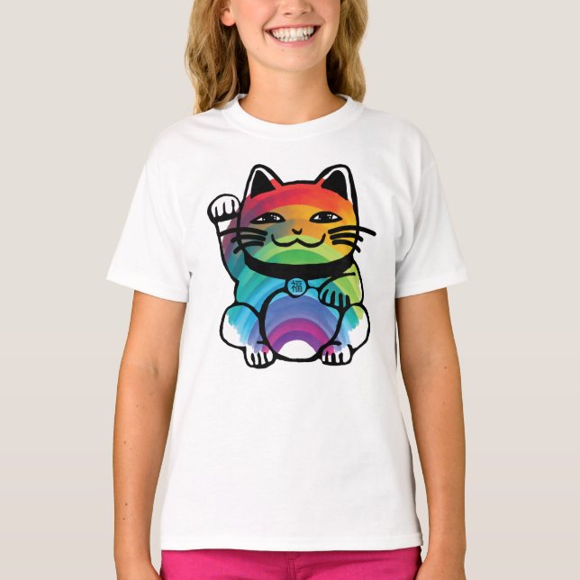 Camiseta Gato japonés de buena suerte con arcoiris (Anverso)