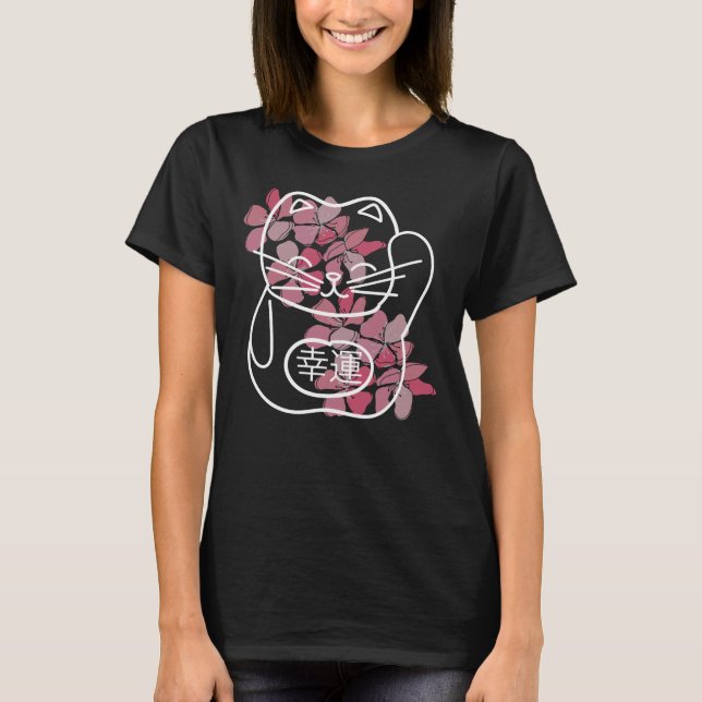 Camiseta Gato japonés de buena suerte con flores rosadas de (Anverso)