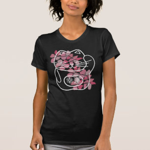 Camiseta Gato japonés de buena suerte con flores rosadas de