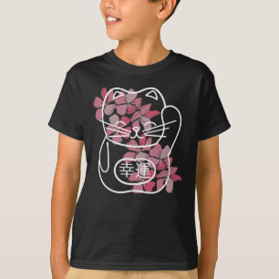 Camiseta Gato japonés de buena suerte con flores rosadas de