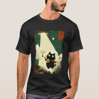 Camiseta Gato japonés divertido Abducción Alien UFO Guitarr