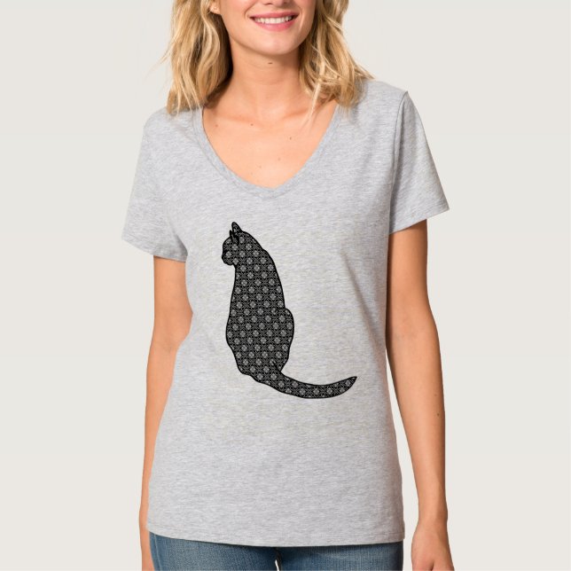 Camiseta Gato japonés - Impresión de kimono negro y blanco (Anverso)