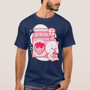Camiseta Gato japonés kawaii de fresa que sacude la leche