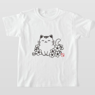 Camiseta Gato japonés lindo y Sakura con sello "Neko"