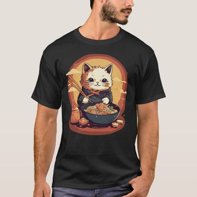 Camiseta Gato japonés neko Kitty comiendo Ramen (Anverso)