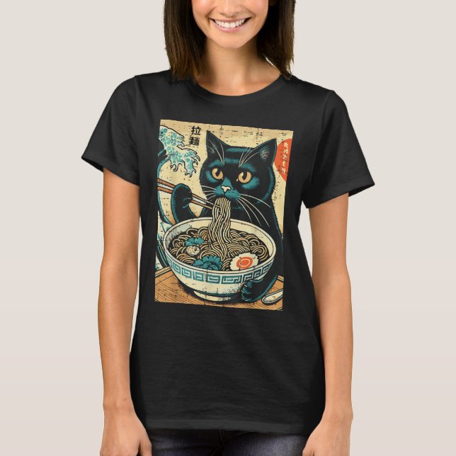 Camiseta Gato japonés Ramen gran ola de comida de arte vint (Anverso)