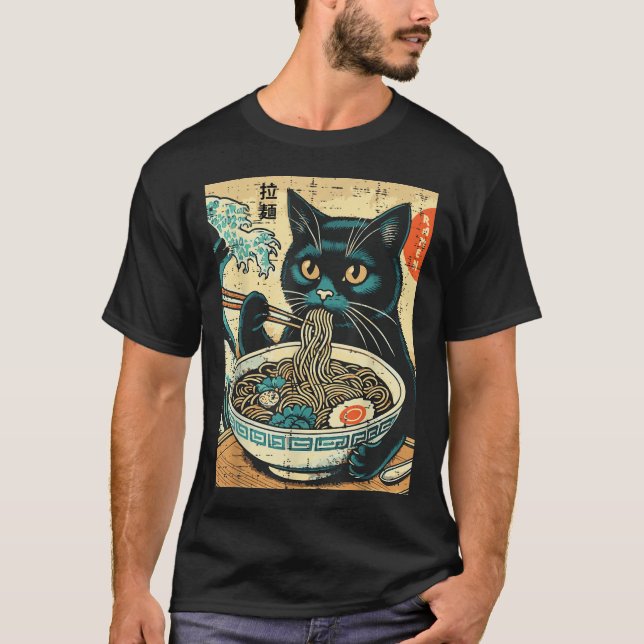 Camiseta Gato japonés Ramen gran ola de comida de arte vint (Anverso)