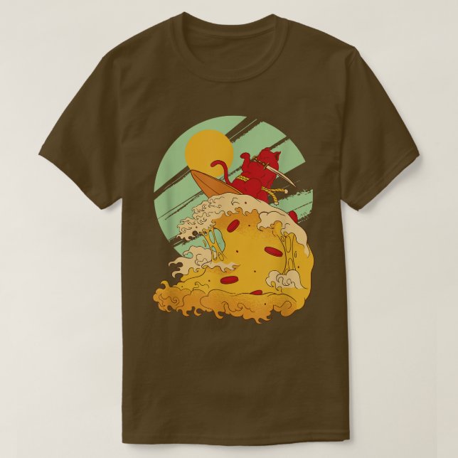 Camiseta Gato japonés retro samurai gran ola de pizza  (Diseño del anverso)