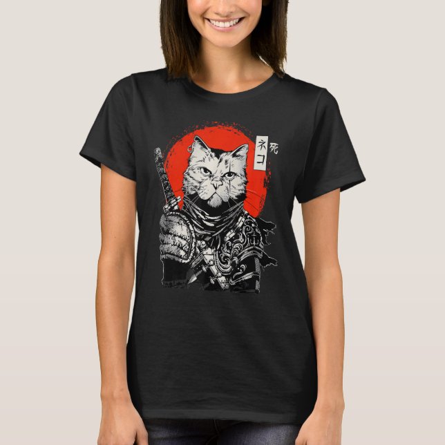 Camiseta Gato japonés samurai Bushido Guerrero Katana Espad (Anverso)