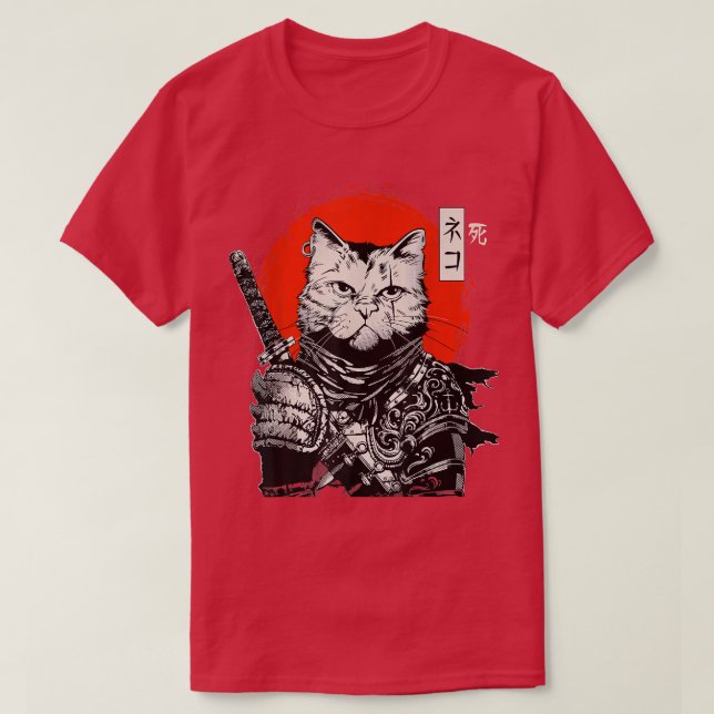 Camiseta Gato japonés samurai guerrero Bushido, espada Kata (Diseño del anverso)