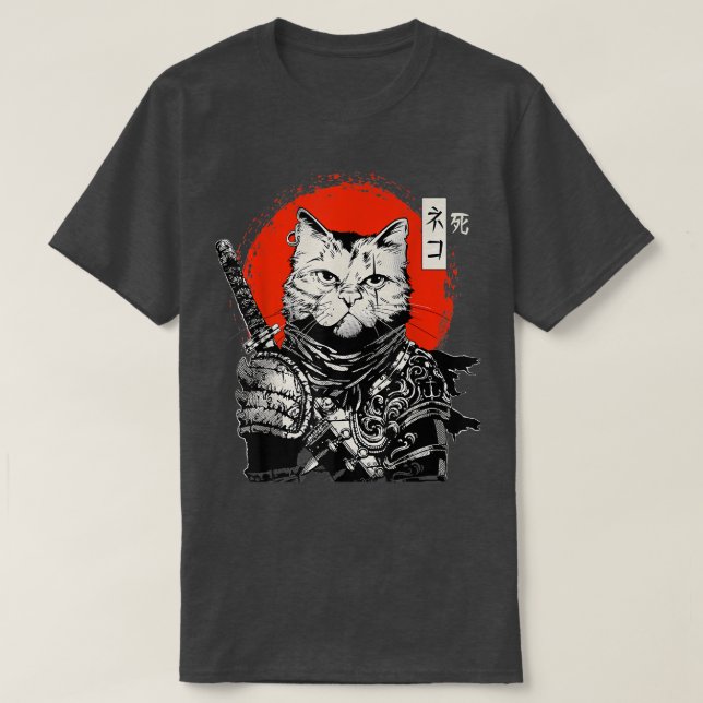 Camiseta Gato japonés samurai guerrero Bushido, espada Kata (Diseño del anverso)